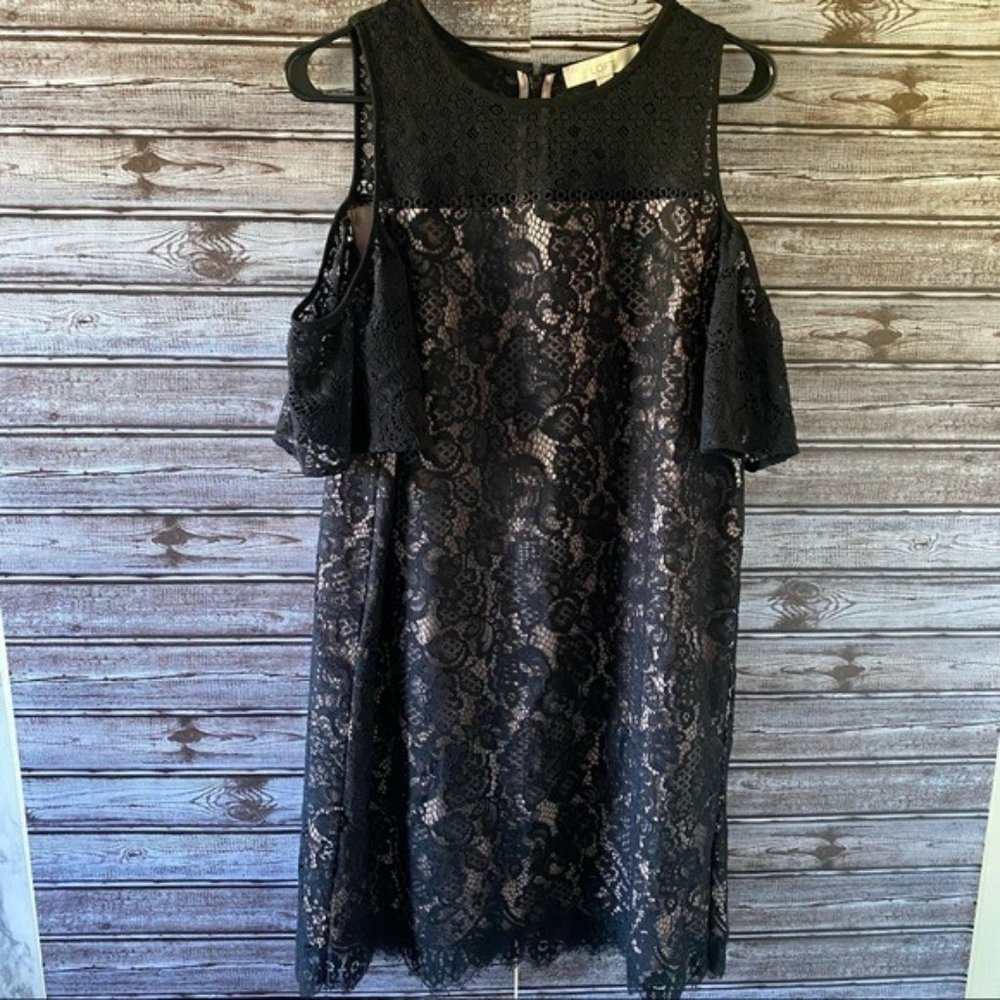 LOFT Cold-Shouldered Black Lace Lined Dress Size 8
